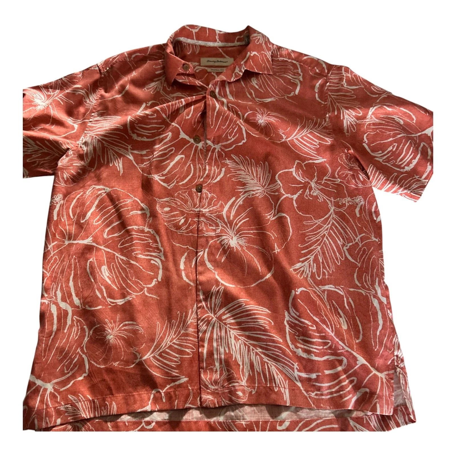 Tommy Bahama Hawaiian Beach Button Up Shirt Mens L Orange Floral Aloha Tropical