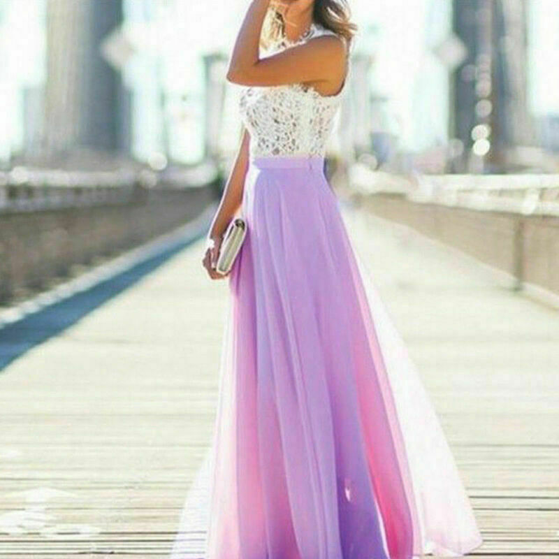 Party Dress Long Chiffon Lace Evening Formal Ball Gown Prom Maxi 8-18  Bridesmaid | eBay UK