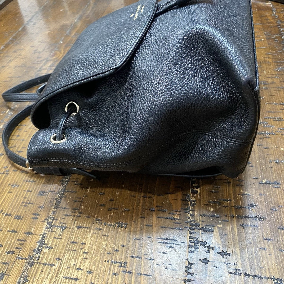 kate spade black pebbled leather drawstring backpack with striped straps Kate Spade Black Pebbled Leather Drawstring Backpack Bag  main image 3