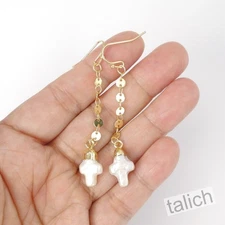 18K Gold Plated Small White Freshwater Pearl Cross Long Disc Chain Drop Earrings
