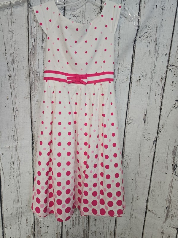 Girls White & Pink Polka Dot Dress Button Back Tie Waist  Petticoat Lined  Sz 14