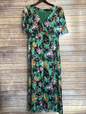 SALONI Green Floral Botanical Print EDEN Satin Silk Hi-Slit Midi Dress Size 6 UK