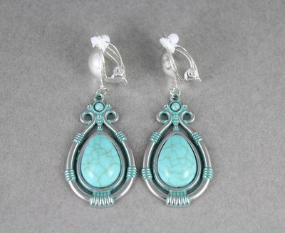 Clip On earrings turquoise silver pendant clips lightweight 2 1/8'' long oval