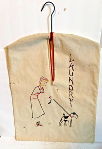 Vintage Hanging Cloth Laundry Bag with Embroidered Woman & Dog Figures
