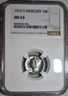 NGC MS-63 1916-S Mercury Dime, Blazing, 1st Year Issue.