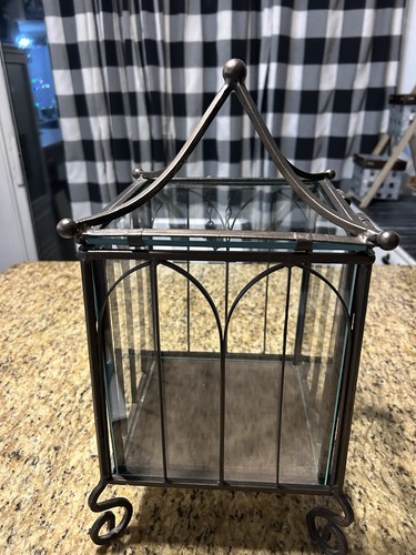 Victorian-style glass and metal tabletop terrarium or Wardian case. 8.5x17.5”