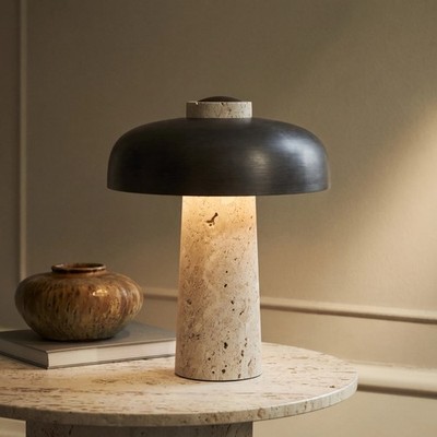 Danish Style Travertine Table Lamp    Natural Stone & Metal