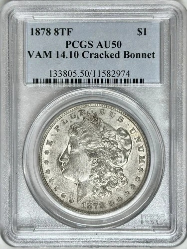 1878 8TF MORGAN SILVER DOLLAR PCGS AU50 VAM 14.10 CRACKED BONNET
