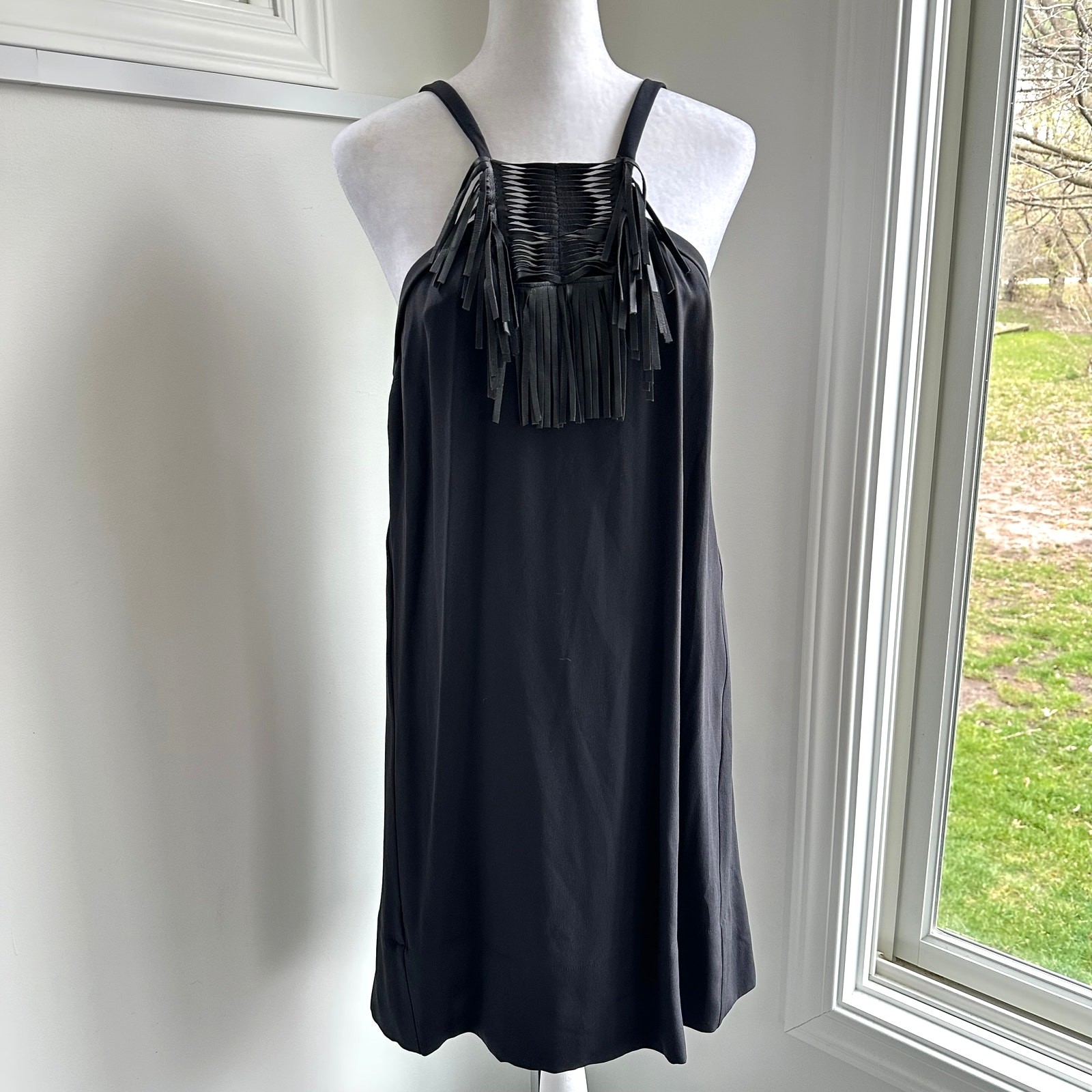 Maje NWT Bretelle Fran Silk Leather Fringe Black Shift Dress Sz Medium / 2
