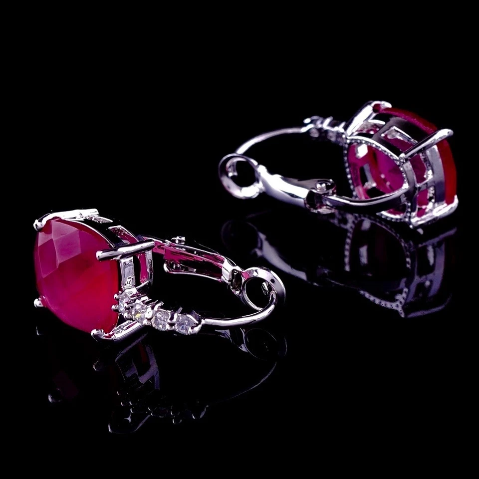 Brincos femininos folheados a ouro branco 14k com pedra preciosa rubi vermelho presente - Imagem 2 de 4