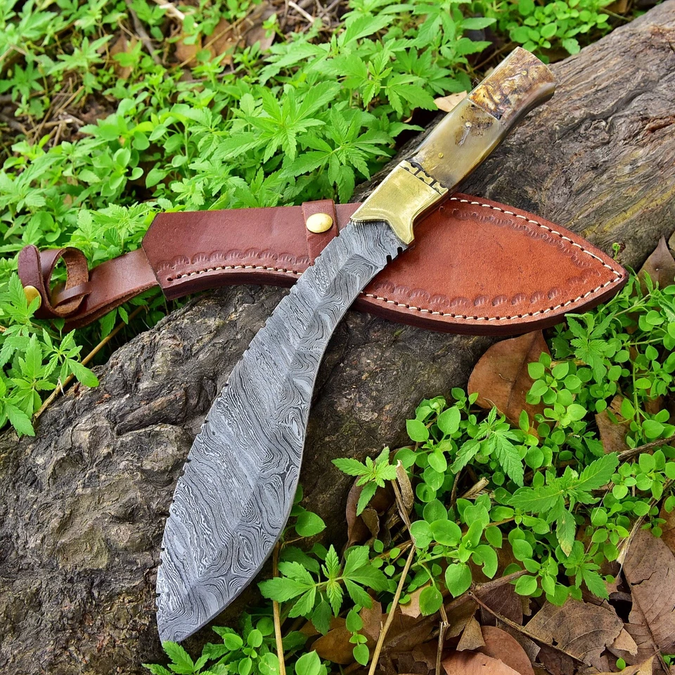 CUSTOM HANDMADE DAMASCUS STEEL HUNTING KUKRI BOWIE KNIFE RAM HORN HANDLE X-200 - Image 2 of 4