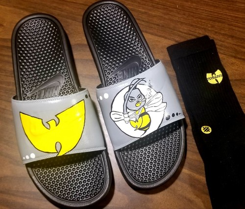 Custom Hand painted Nike slides Wu Tang Killa Bees & FREE Matching Stance Socks - Picture 3 of 5