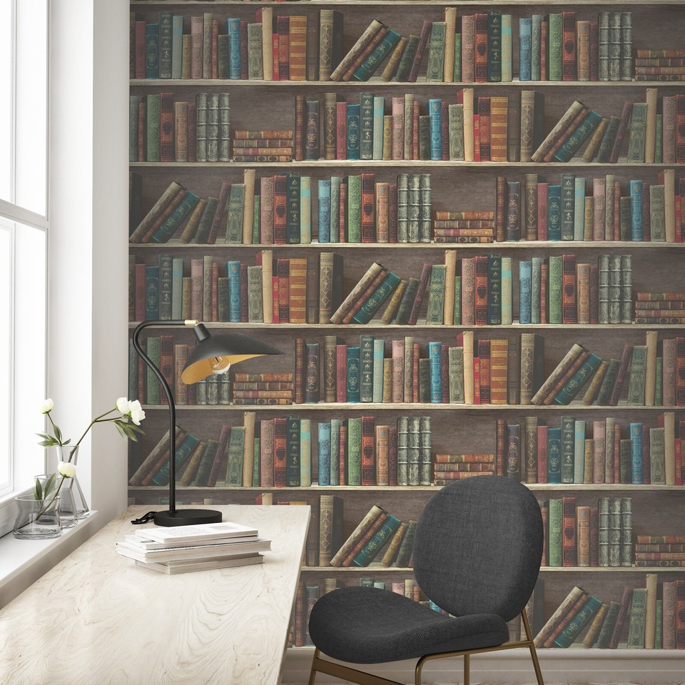 Retro Library Bookshelf Wallpaper Books Classic Antique Bookcase Rustic ...