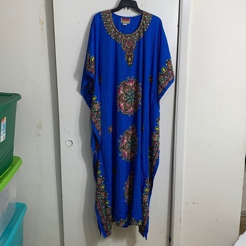 Sameera Fashions Caftan Kaftan Womens Size M Blue Rhinestone Mandala Half Sleeve
