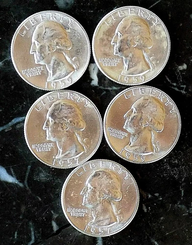 WASHINGTON SILVER QUARTER LOT OF 5 PARTIAL ROLL OF BLAZING BU COIN 1957 1959 90%