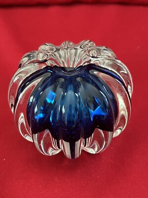 Vintage Block Ivima Hand Blown Clear Cobalt Blue Ribbed Paperweight