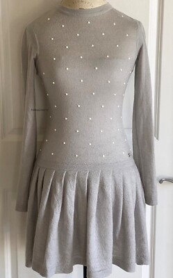 $3200 14A CHANEL GREY WHITE PEARL LONG SLEEVE MOHAIR CASHMERE CC DRESS 36