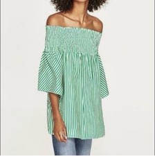 Zara Woman Smocked Striped Off-Shoulder Mini Dress/Tunic Green & White M CoverUp