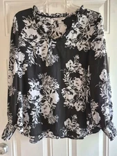 COUNTERPARTS Blouse - L - Ruffled Scoop Neck, Long Sleeves w/Smocked Cuff