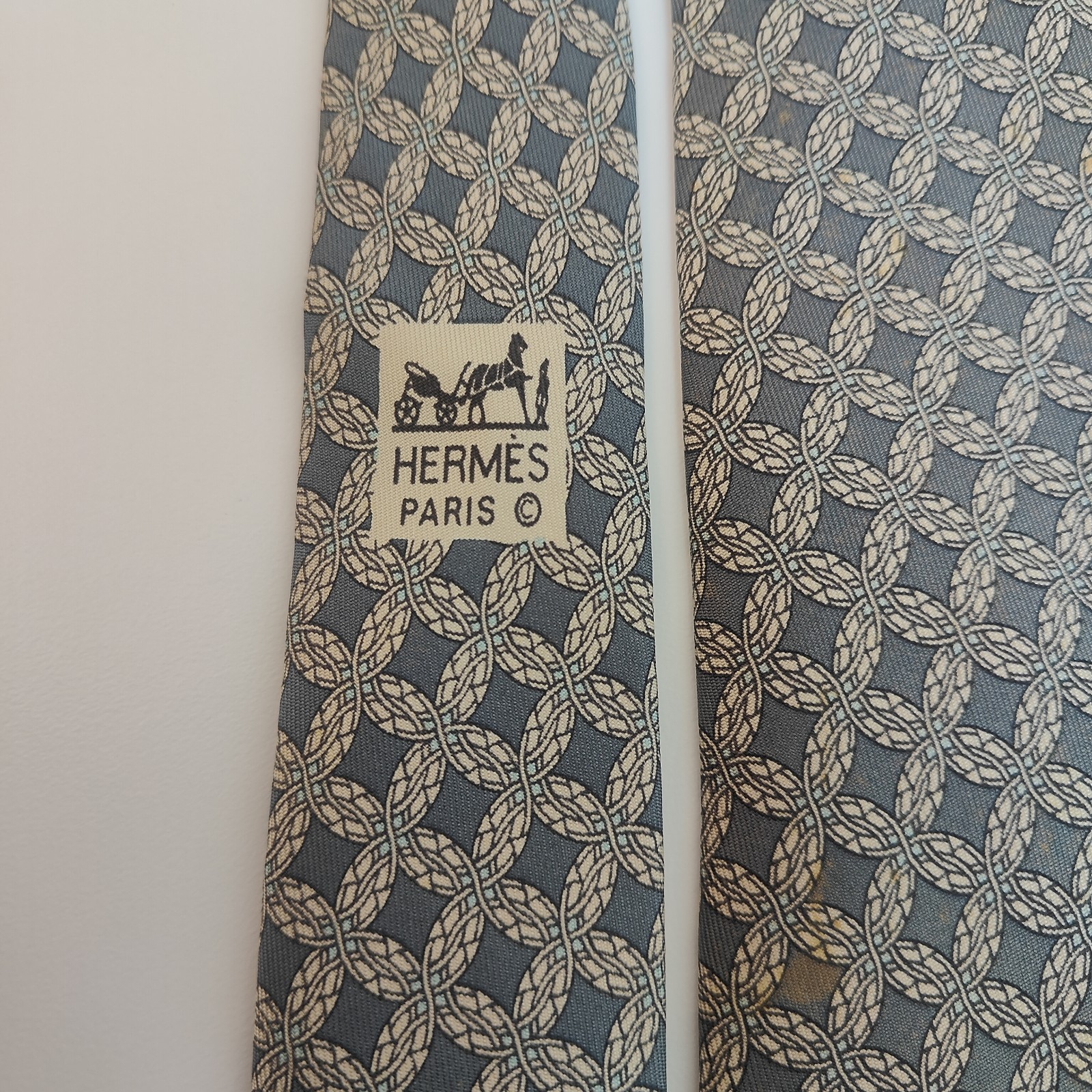 Hermes Silk Tie Grey Interlocking Pattern Made in… - image 3