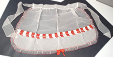 Vintage Sheer Half Apron White Lace Organdy Red Accents w/ 4 pockets Tie Waist
