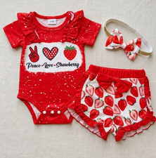 Strawberry Pattern Baby Outfit Set Red Cotton...
