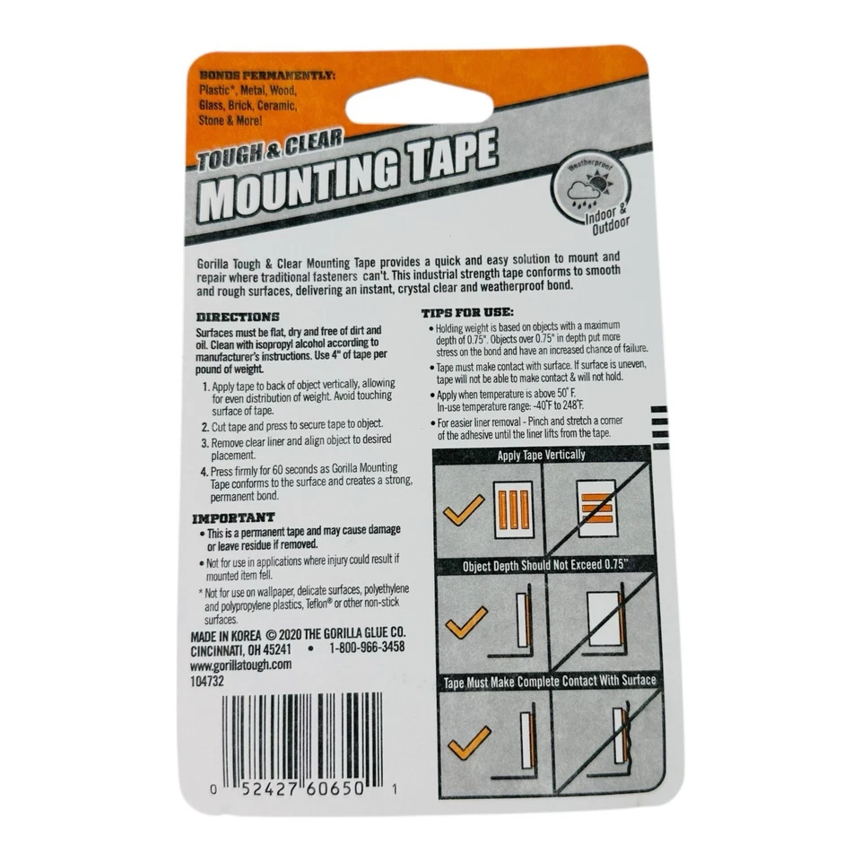 1 Roll Gorilla Tough & Clear Double Sided Mounting Tape 1" x 60" Indoor Outdoor - Image 2 of 4