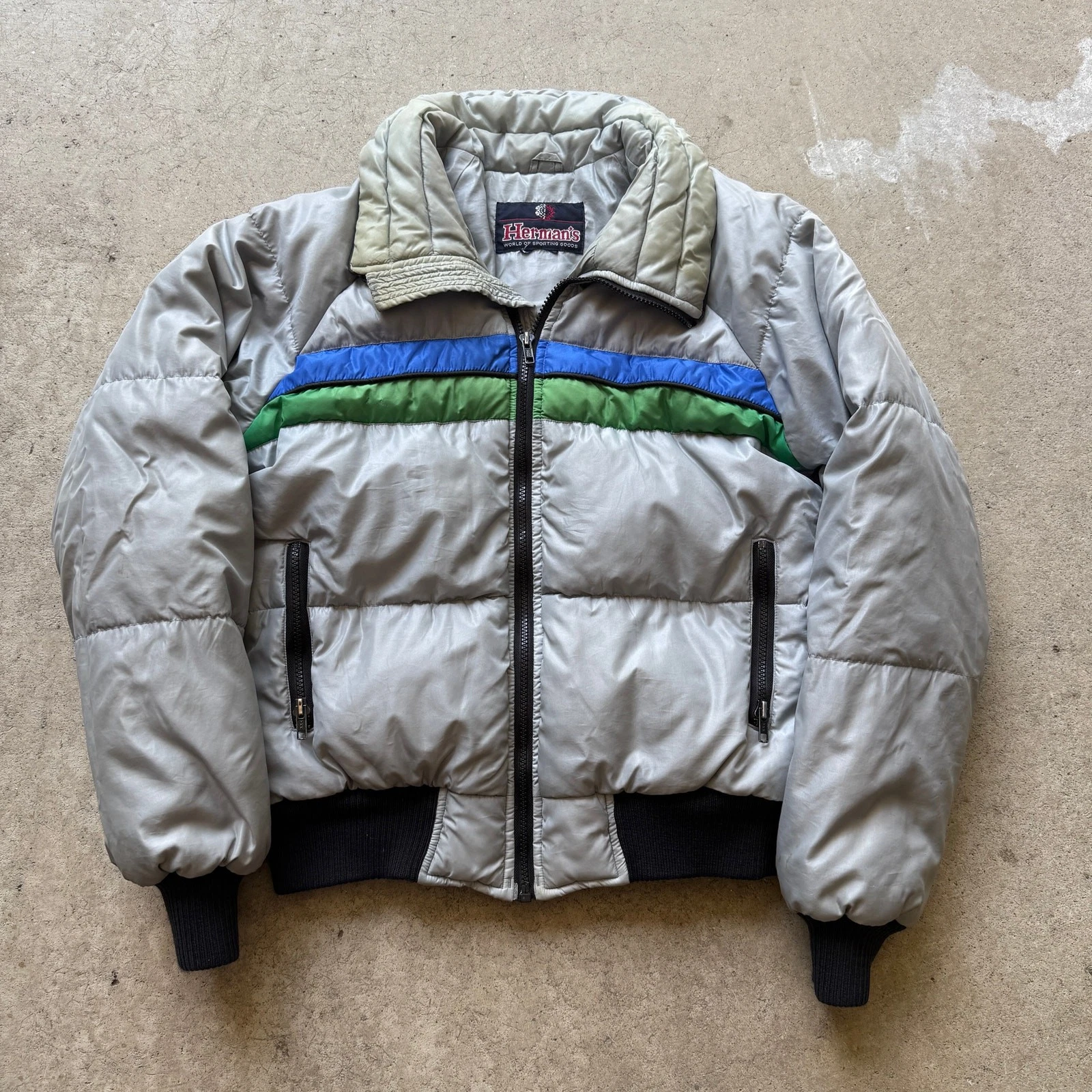Men's Vintage 70's Herman's Gray Blue Green Retro Down Puffer Jacket Sz Small