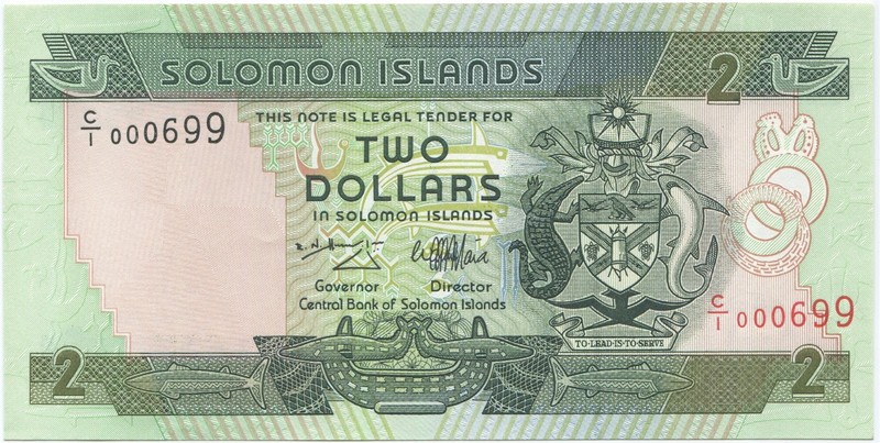 Solomon Islands (ND) 1997, 2 Dollars note P-18, UNC very low serial number. N001