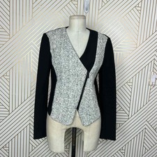 Tibi Asymmetric Tweed Leather-accented Zip-up Blazer Jacket Black Gray Size 6
