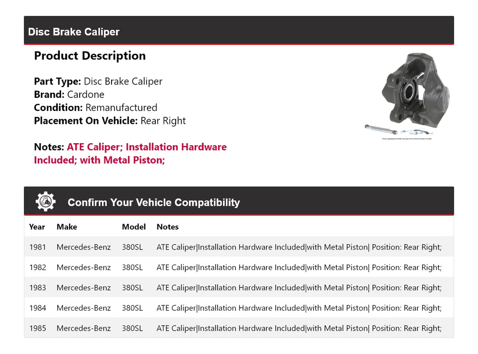 Pinza de freno de disco trasera derecha Cardone 1982 para Mercedes-Benz 380SL 1981-1985 Foto 2 de 4