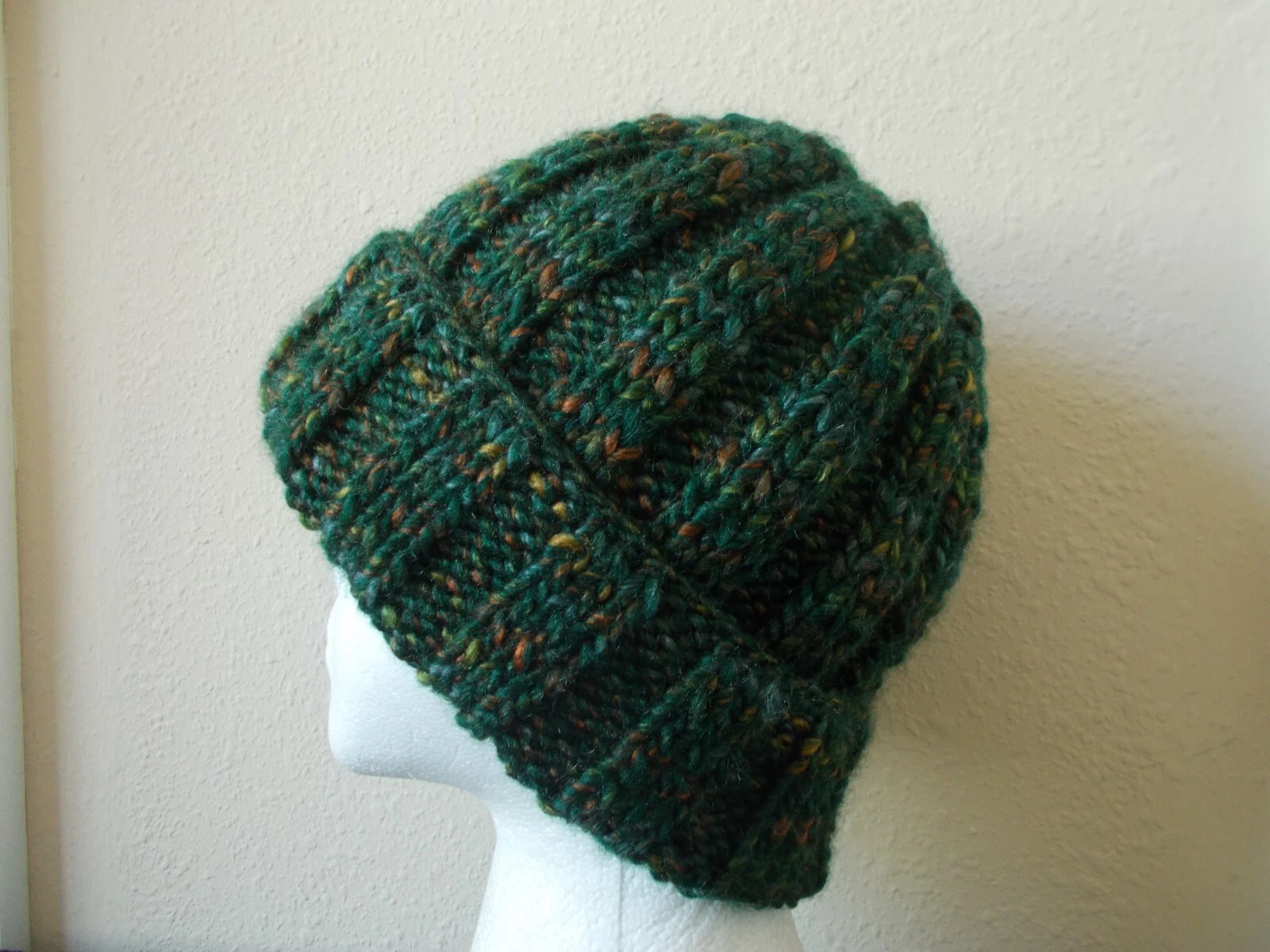 Hand knitted bulky & warm beanie/hat, alpine green heather, men's or women's