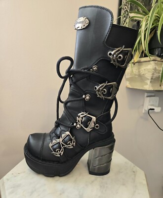 Demonia Sinister 203 Mid Calf Biker Goth Punk Boots Block Heel