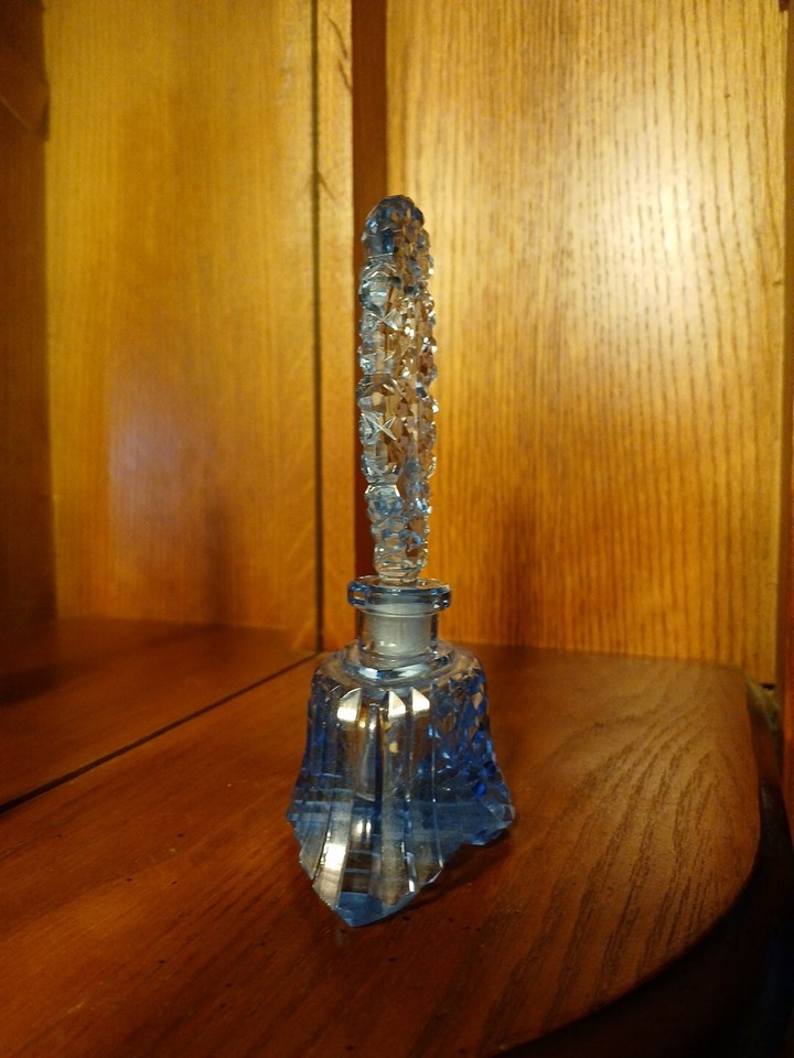 Vintage Czech Ice Blue Cut Glass Perfume Bottle Floral With Stopper eBay