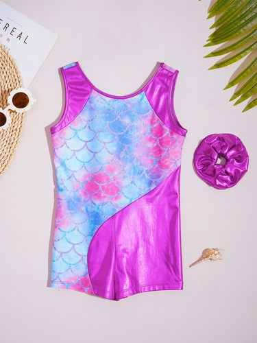 Girls Unitard Boy-cut Bodysuit Competition Jumpsuit U Neck Romper Print Yoga - Picture 12 of 47