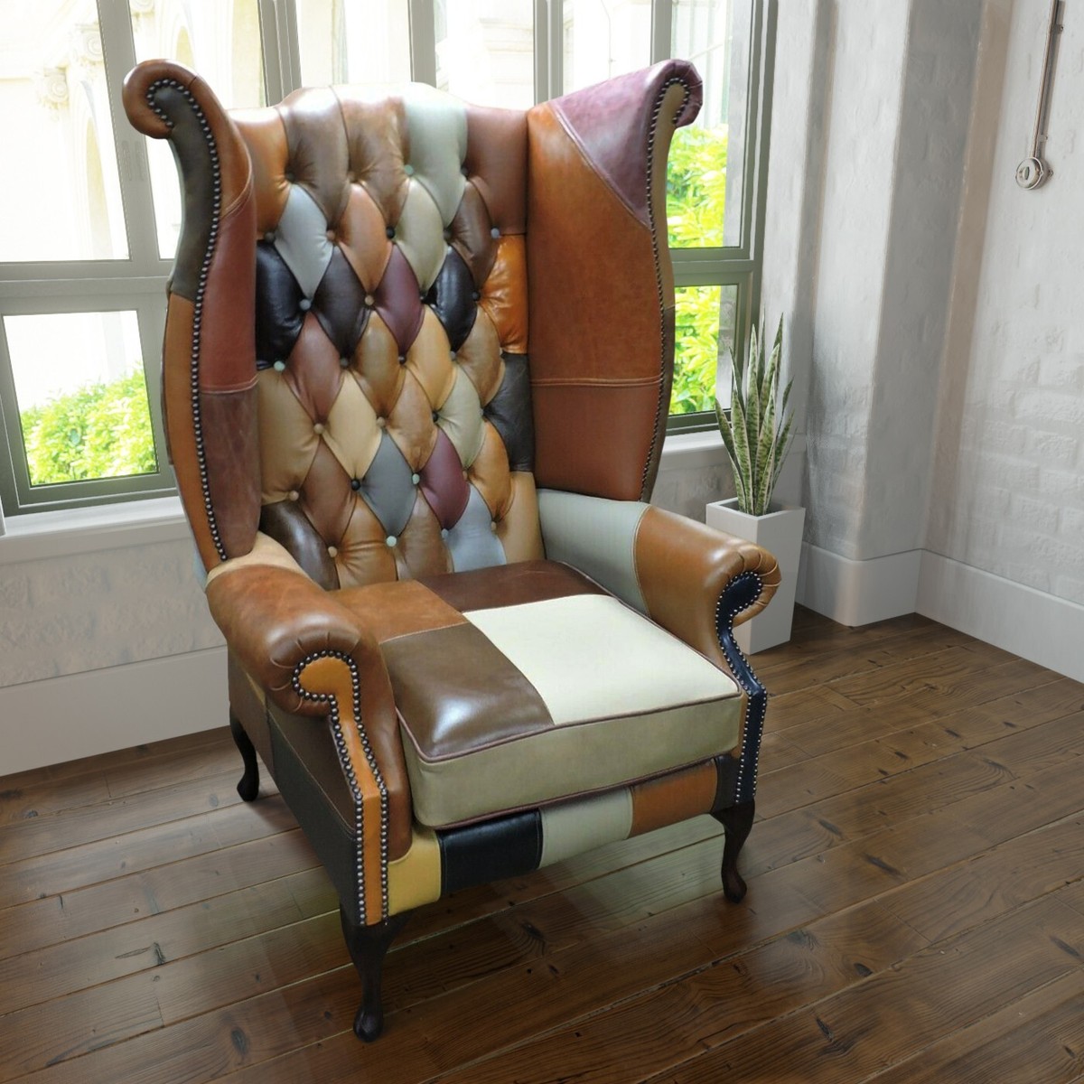 Big Annie Chesterfield Queen Anne Patchwork Leather Wing Chair Harlequin  SALE