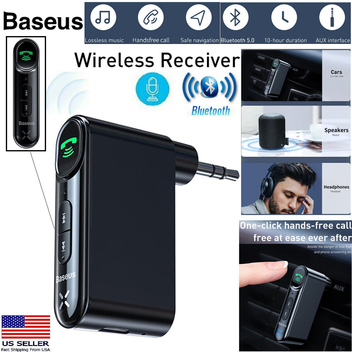 Baseus 3.5mm Bluetooth 5.0 AUX Audio Car Music Receiver Adapter w/Mic Hands free