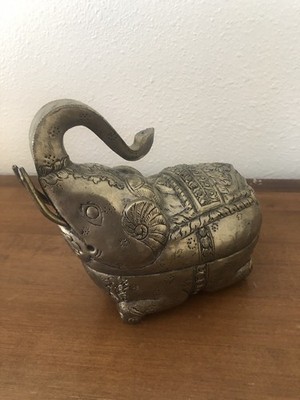 Vintage Metal Elephant Cambodian? Trinket Box Container 
