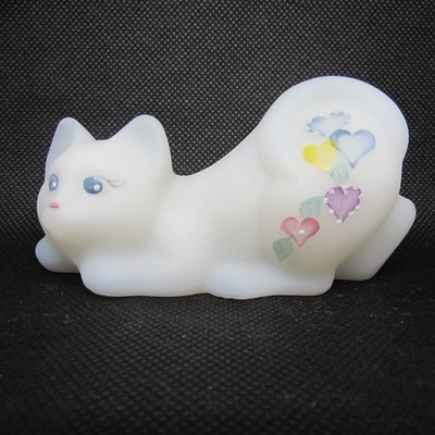 Fenton Opal Satin Baby Boy Hand Painted Pouncing Kitten Special Order 1998 W1397