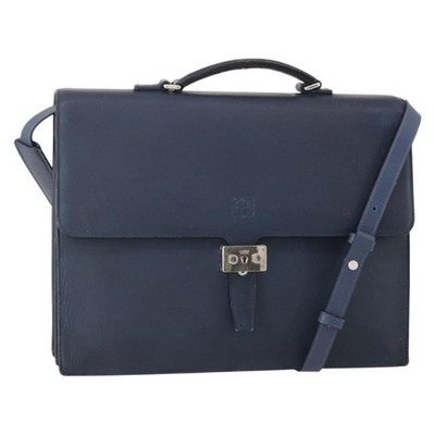 LOEWE Anagram Business Bag Leather 2way Navy Silver Auth bs34926