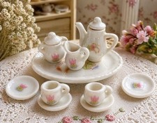 Miniature Porcelain Tea Set Dollhouse Floral Teapot Cups Tray Cottagecore 1:12