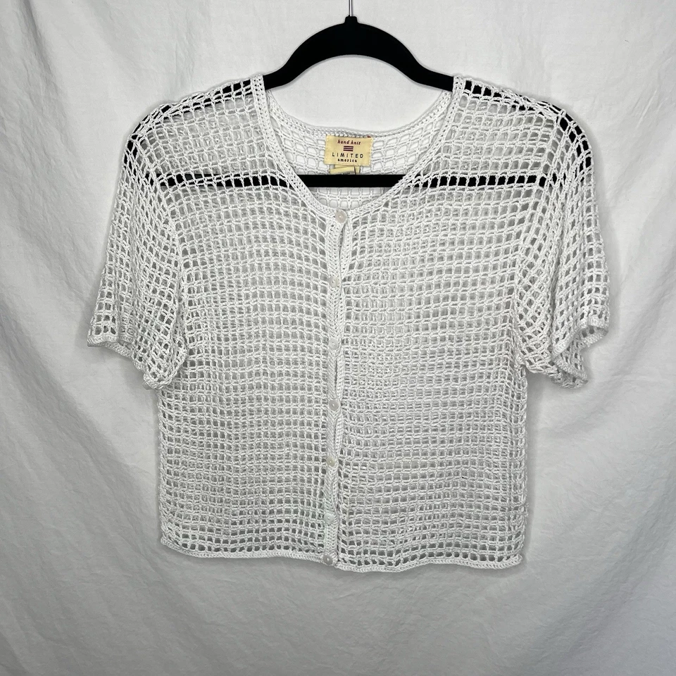 复古 LIMITED America 手工针织白色 SS 开衫毛衣 尺寸 L 开放式针织亚麻 — 第 2/4 张图片