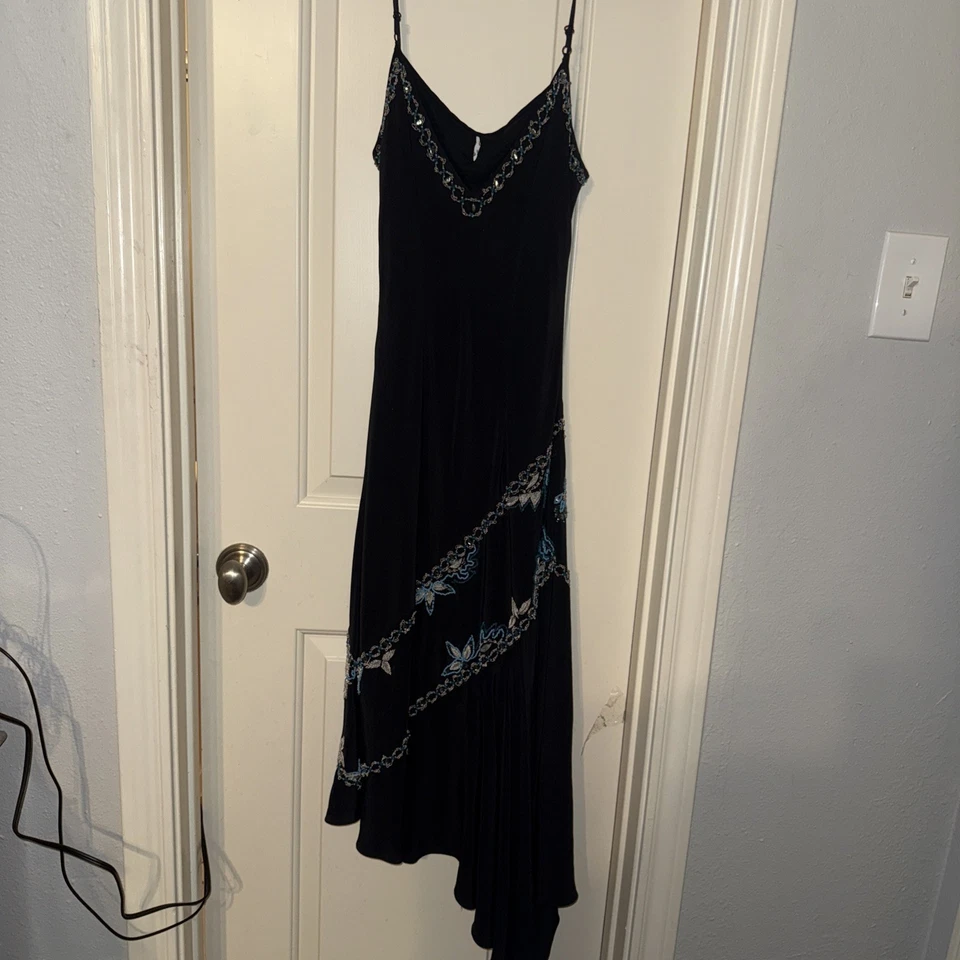 Vestido Sue Wong Hada Mujer 8 Negro Y2K Seda Floral Azul Cuentas Cabricho Foto 4 de 4