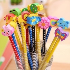 Pack of 120 Colorful 7.28 Inch Length Random Cartoon Eraser Pencils, Cute Pen...