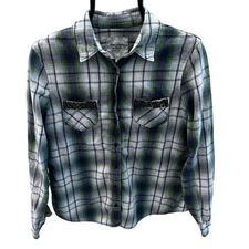 Abercrombie Women's LG Blue Green White Flannel Plaid Studded Pocket LS Shirt