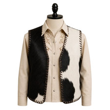Handmade Hair on Cowhide Vest Black  White Western Whipstitch Rodeo Size XS-5XL