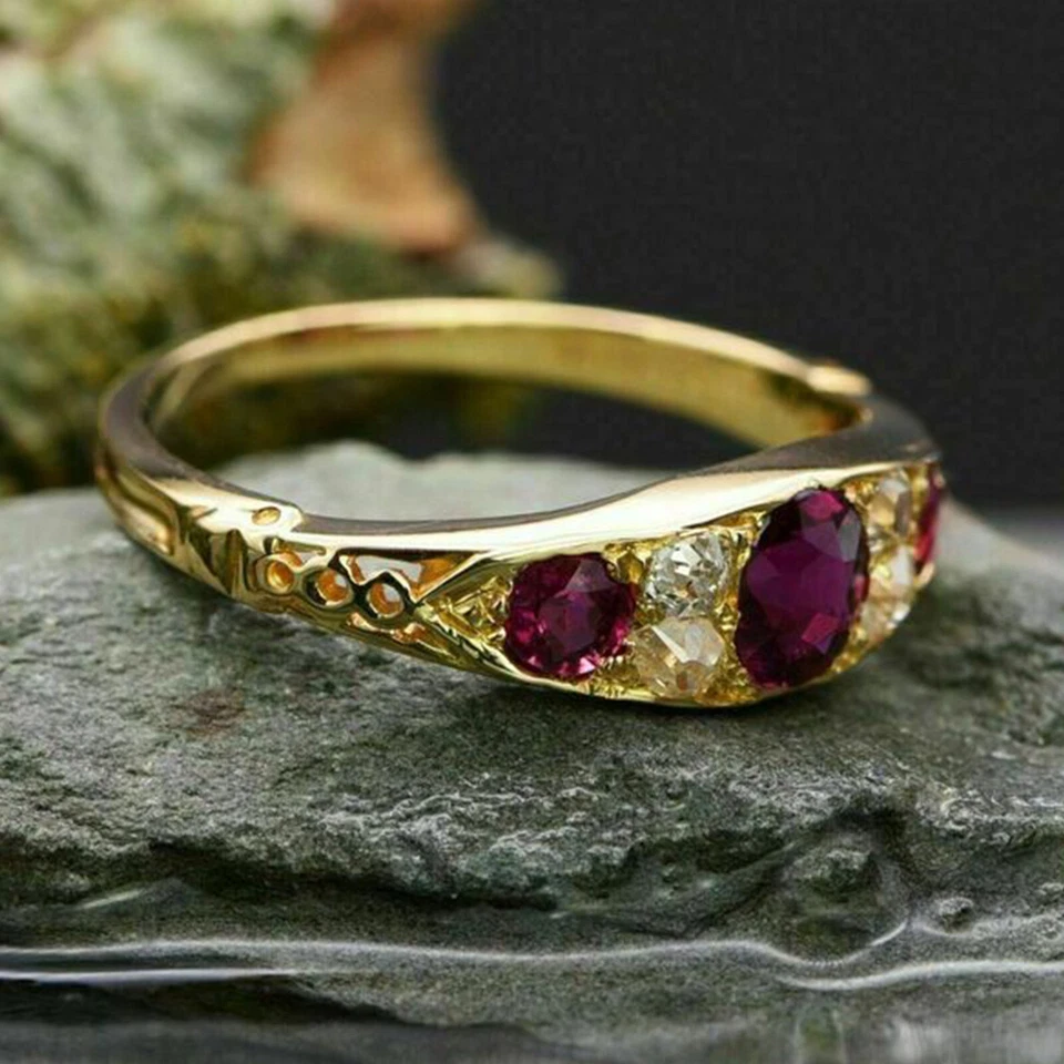 2 Ct Round Cut Ruby & Diamond Antique Wedding Band Ring 14K Yellow Gold Finish - Image 3 of 4
