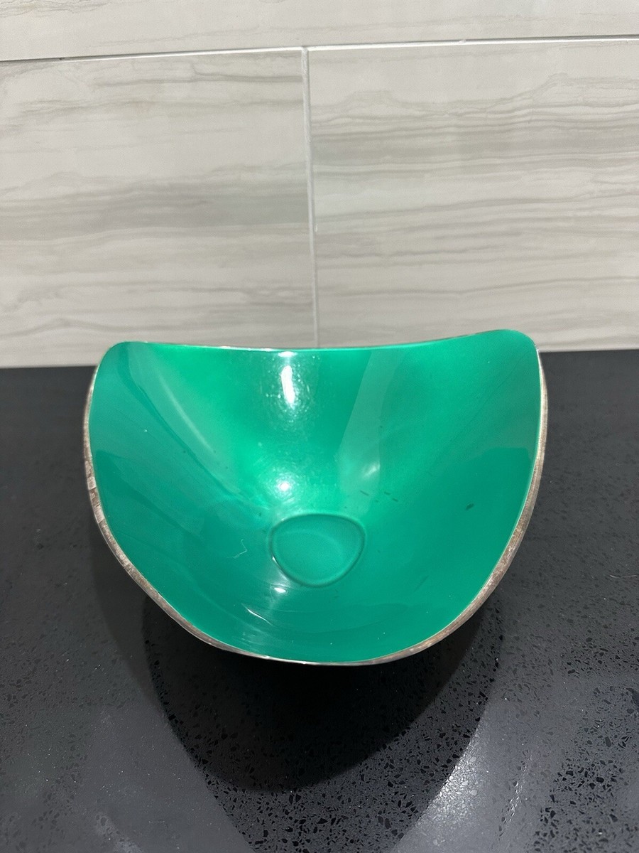 Vintage Reed & Barton Emerald Enamel Silver Plate Triangle Bowl