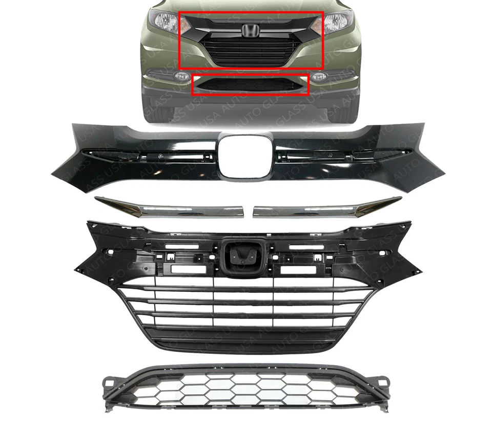 Conjunto de rejilla de parachoques delantero + molduras para Honda HR-V 2016-2018 Foto 2 de 4