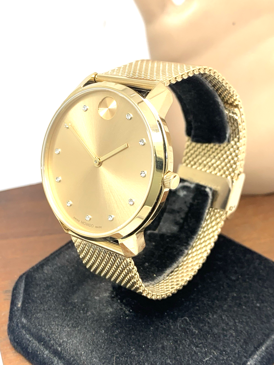 Movado Men's Watch 3600903 Diamond Gold Dial Swiss Quartz Mesh